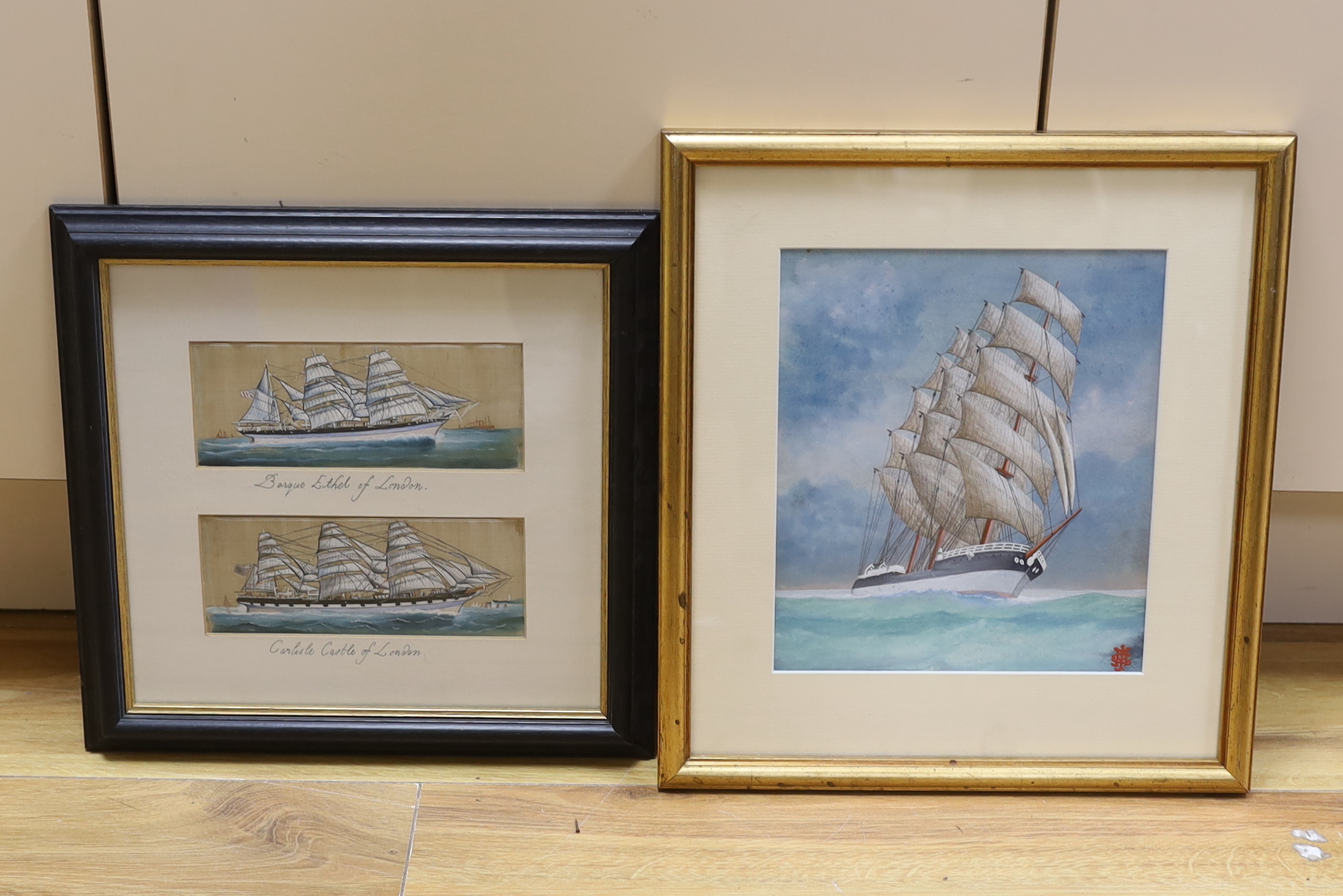 19th century, Maritime interest, pair of heightened watercolours on silk, comprising The barque Ethel of London Carlisle Castle of London, both under all plain sail, each 7 x 18cm, mounted as one, together with, Major C